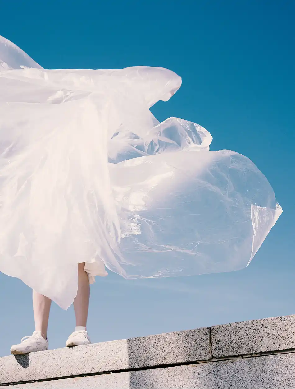 Moody picture of a person holding a large piece of plastic in the wind